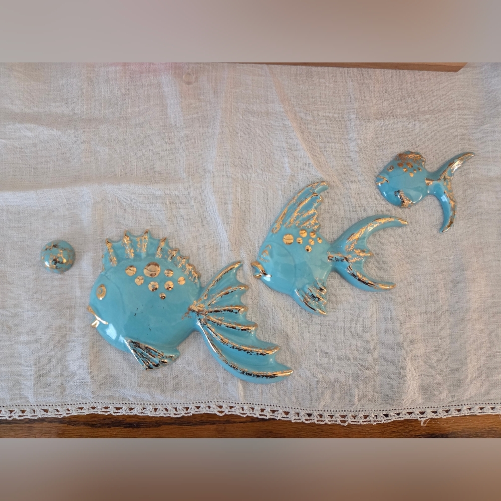 Kitch 60's Ceramic Teal Gold Fish Trio Wall Plague